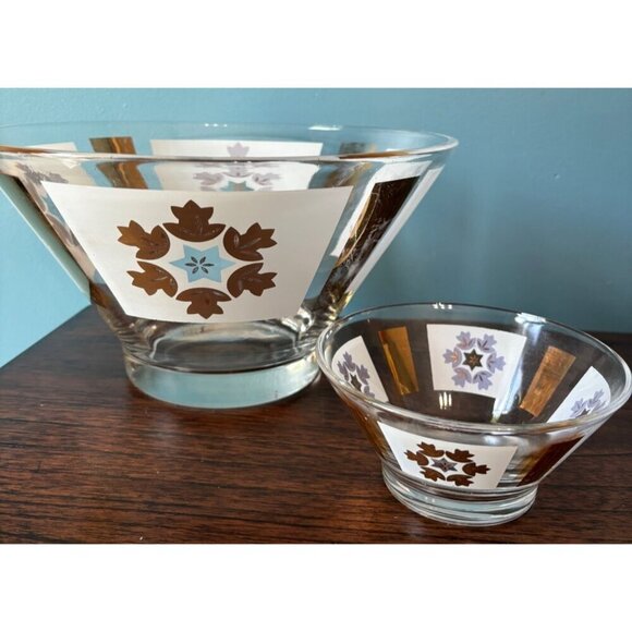 Vintage MCM Glass Bowl Chip & Dip Serving Fruit Frosted White Gold 2 Pc - Picture 1 of 10